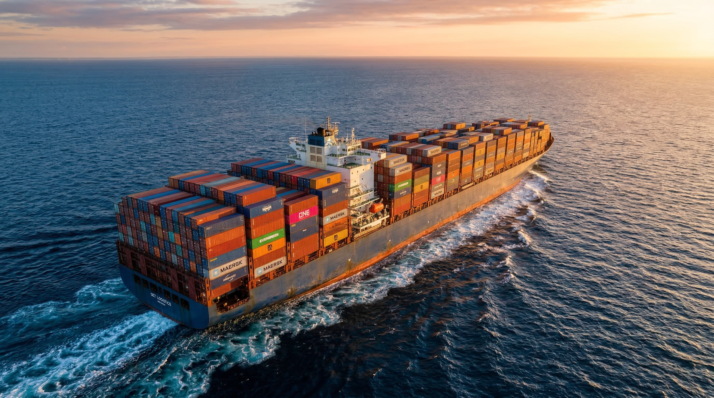 Container ship at sea during golden hour